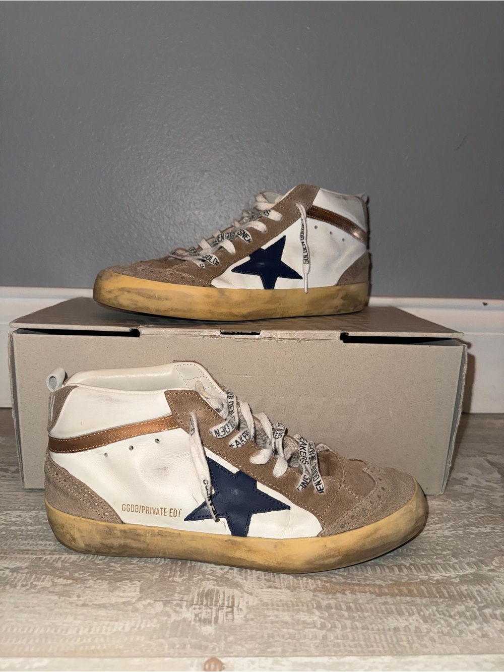 Golden Goose White and Navy Star Mid-Top Sneakers